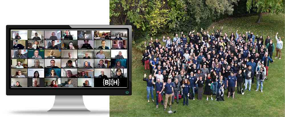 A combined image showing the group photo taken at the BioHackathon Europe 2021 venue in Spain and the virtual participant zoom screenshot 