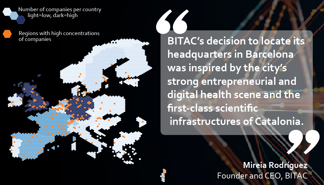 Map showing the regions within Europe with highest concentrations of life science startups 