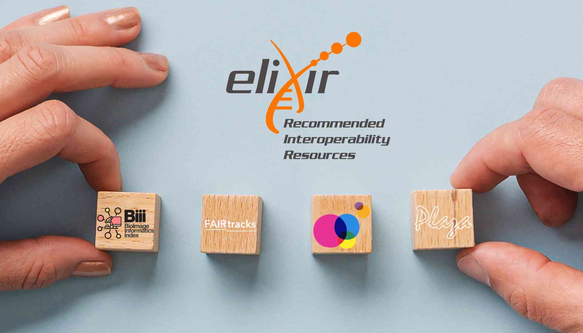 Two hands adding the new ELIXIR Recommended Interoperability Resources: BII, FAIRtracks, OmicsDI, Plaza