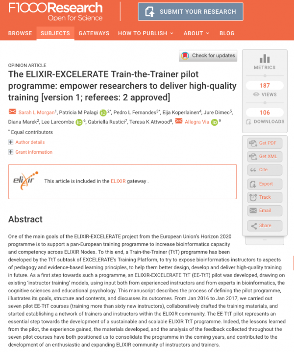 Screenshot of the Training Platform paper on ELIXIR's F1000 channel